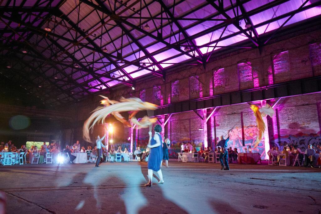 Sangeet celebration inside the historic Carrie Furnace venue in Pittsburgh